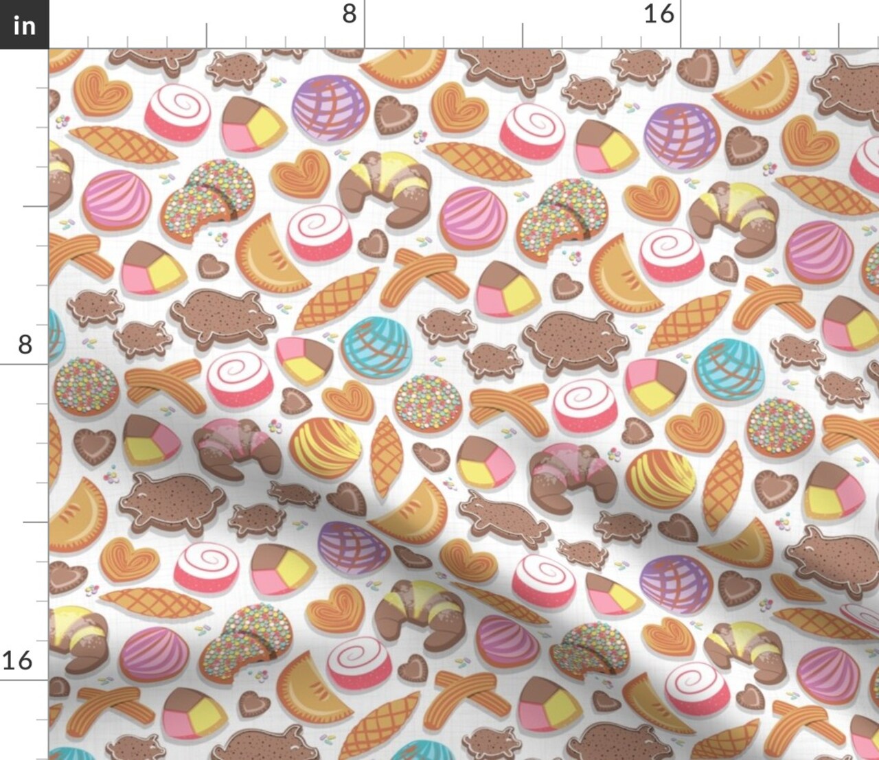Mexican Sweet Bakery Small Scale White Background Pastel Colors Kawaii Shells Food Mexico Pink Cookies Custom Printed Fabric by Spoonflower Various Fabrics by the Yard or Fat Quarter